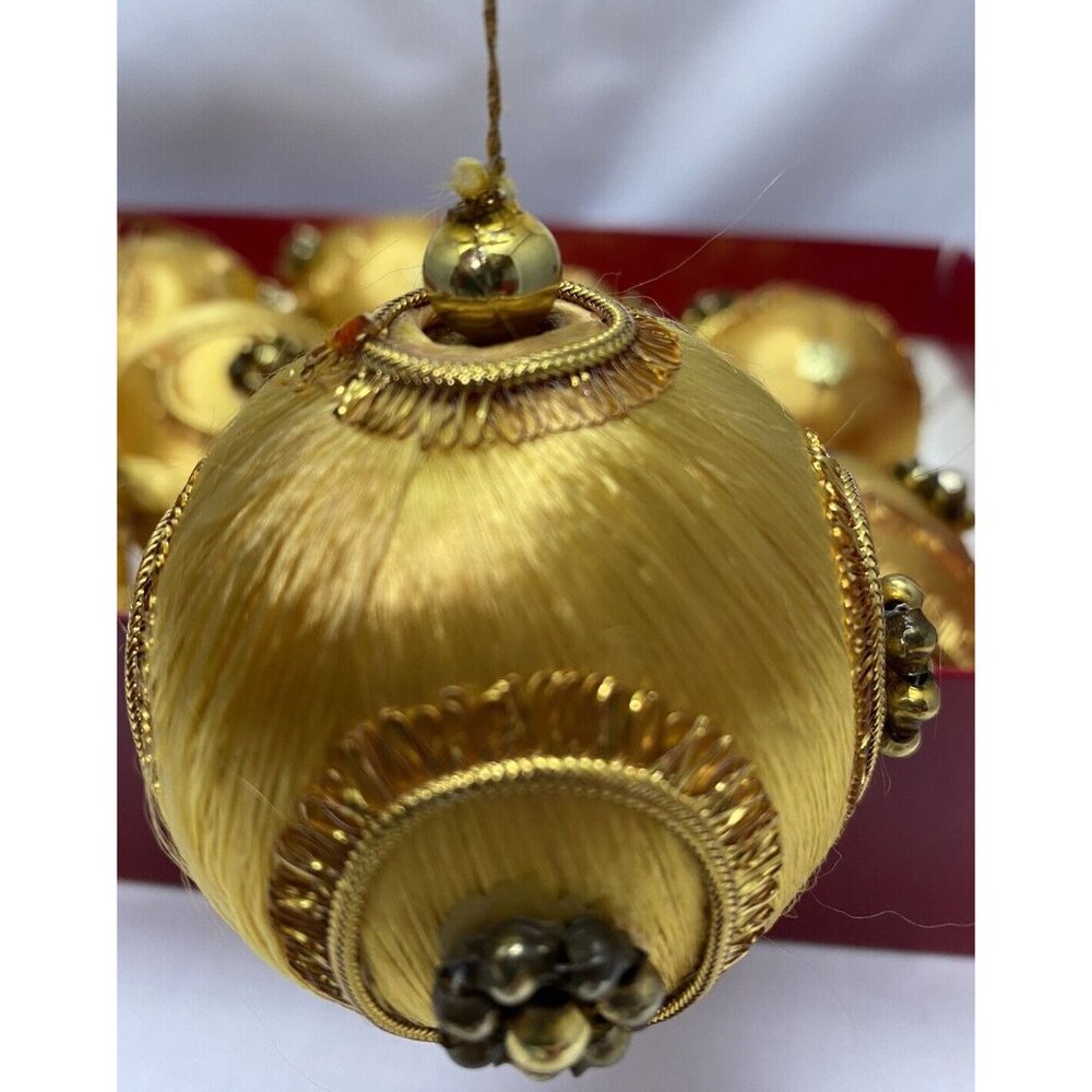 Vintage Mercury Bead Christmas Tree Ornament Gold Satin Lot of 8 Handmade - Picture 4 of 7